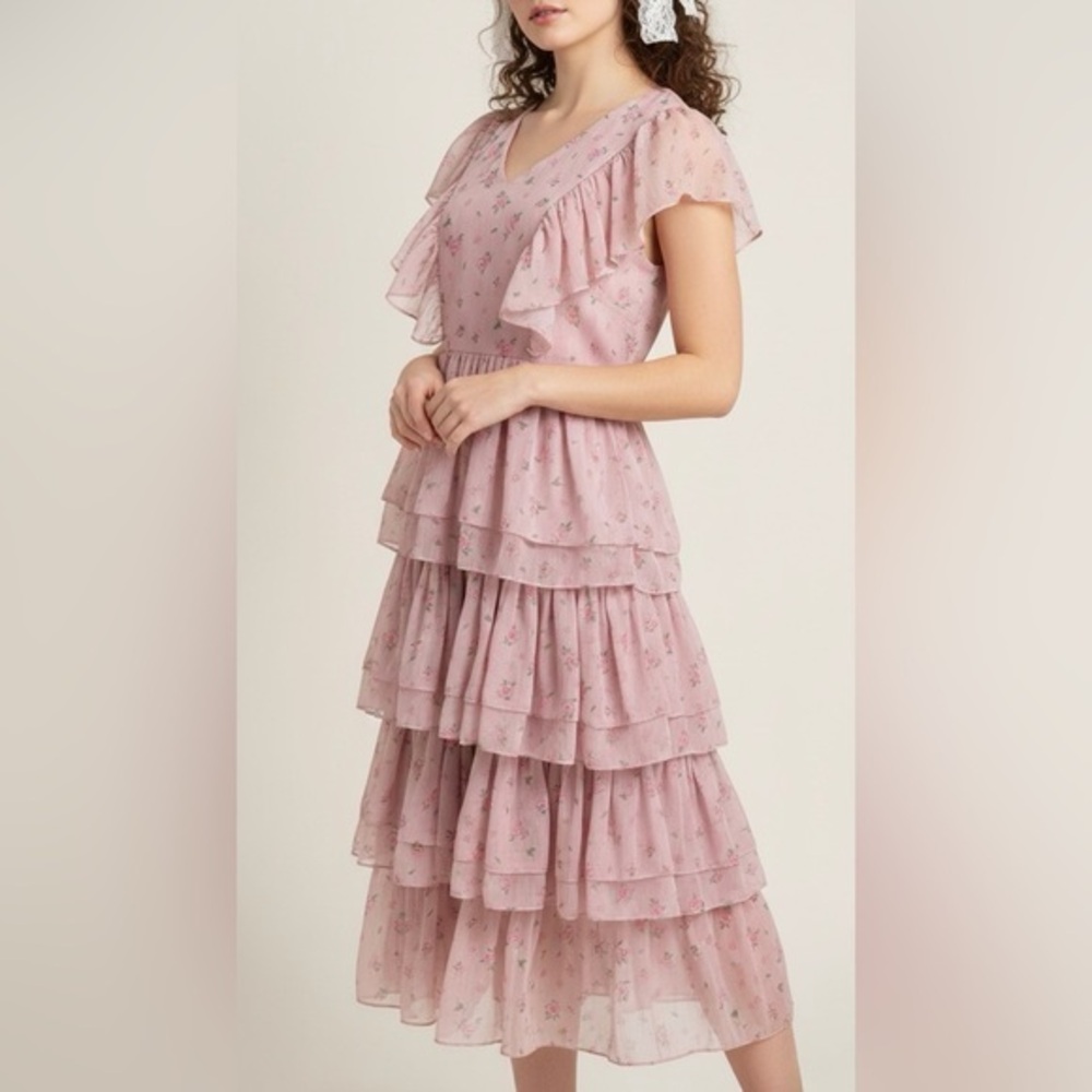 JESSAKAE Emmylou Floral Tiered Flutter Sleeve Midi Dress